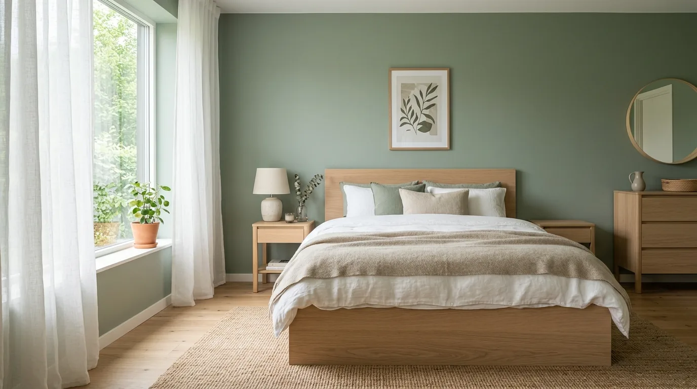 Use brass or black details sparingly for definition inspiration for a sage green bedroom.